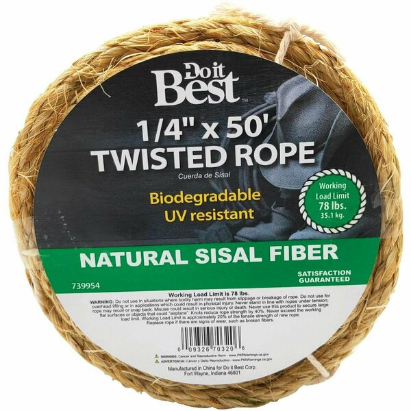 All-Source 1/4 In. x 50 Ft. Natural Twisted Sisal Fiber Packaged Rope 739954
